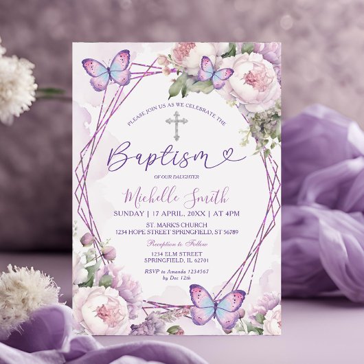 Dusty Lila Floral Butterfly Girl Silver Baptisse Einladung