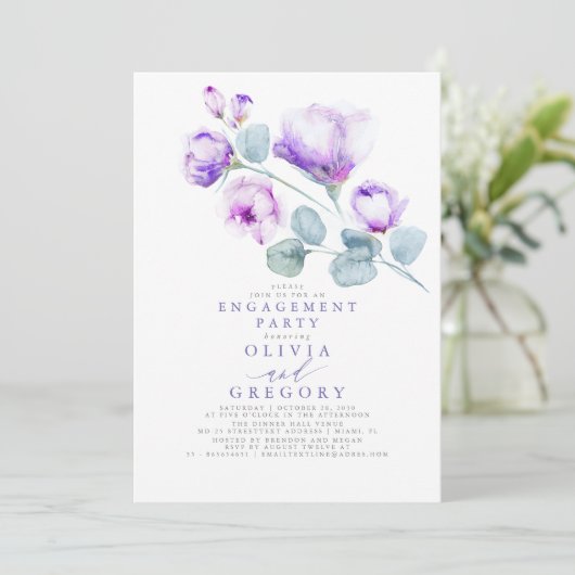 Dusty Lila Floral Elegante Engagement Party Einladung (Stehend Vorderseite)
