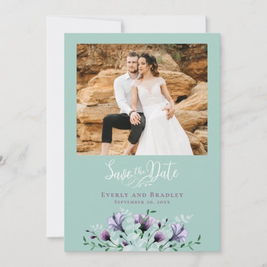 Dusty Lila Floral Green QR-Code Save the Date Einladung (Vorderseite)