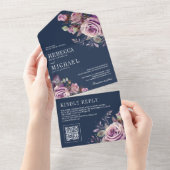 Dusty Lila Floral QR Code Navy Blue Wedding All In One Einladung (Abreißen)