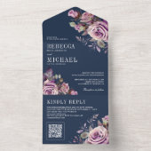 Dusty Lila Floral QR Code Navy Blue Wedding All In One Einladung (Innen Boden)