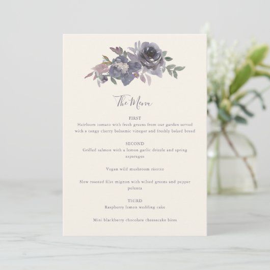 Dusty Lila Floral Water Wedding Custom Menükarte (Stehend Vorderseite)