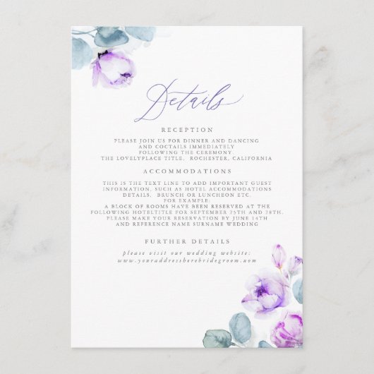 Dusty Lila Floral Wedding Details Begleitkarte (Vorderseite)