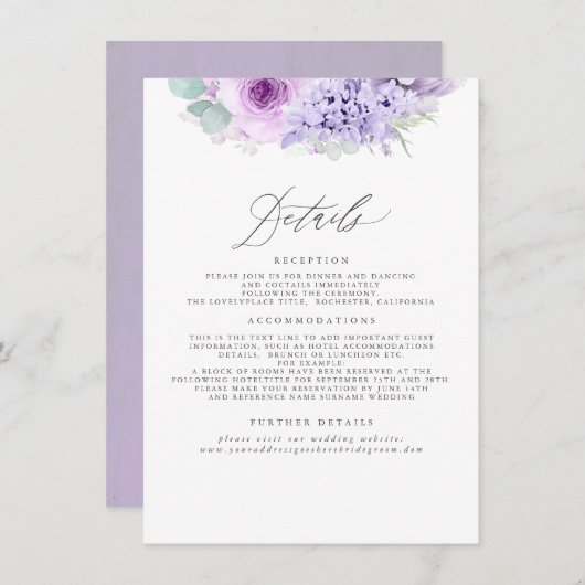 Dusty Lila Floral Wedding Information Begleitkarte (Vorne/Hinten)