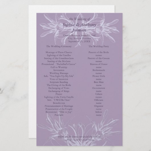 Dusty Lila Floral Wedding Program (Vorne/Hinten)