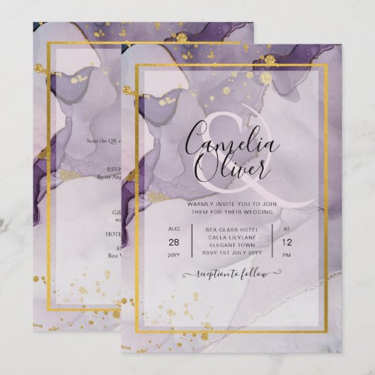 Dusty Lila Gold Alcohol INK Abstrakt Wedding Einladung (Vorne/Hinten)