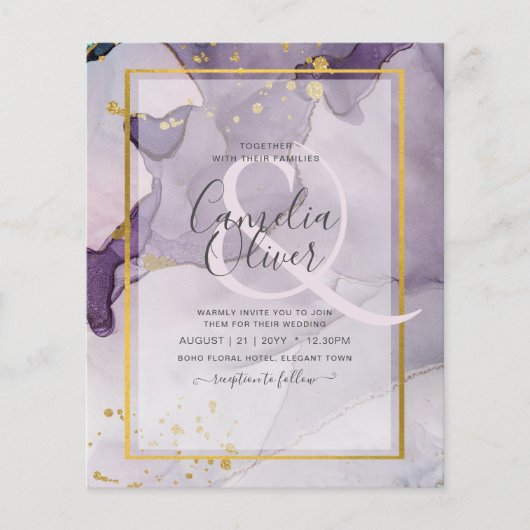 Dusty Lila Gold Alcohol INK Abstrakt Wedding Flyer (Vorne)