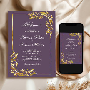 Dusty Lila Gold Floral Border Islamic Wedding Einladung