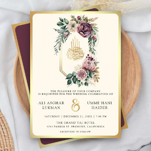 Dusty Lila Gold Floral Wappen muslimische Hochzeit Einladung