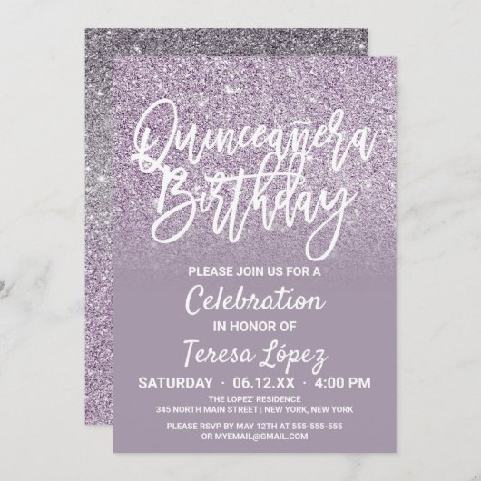Dusty Lila Gray Imitats Glitzer Ombre Quinceañera Einladung (Vorne/Hinten)