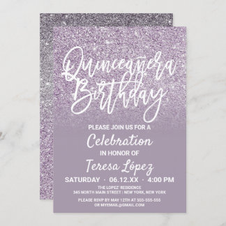 Dusty Lila Gray Imitats Glitzer Ombre Quinceañera Einladung