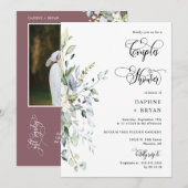 Dusty Lila Greenery Couples Dusche QR Code Foto Einladung (Vorne/Hinten)