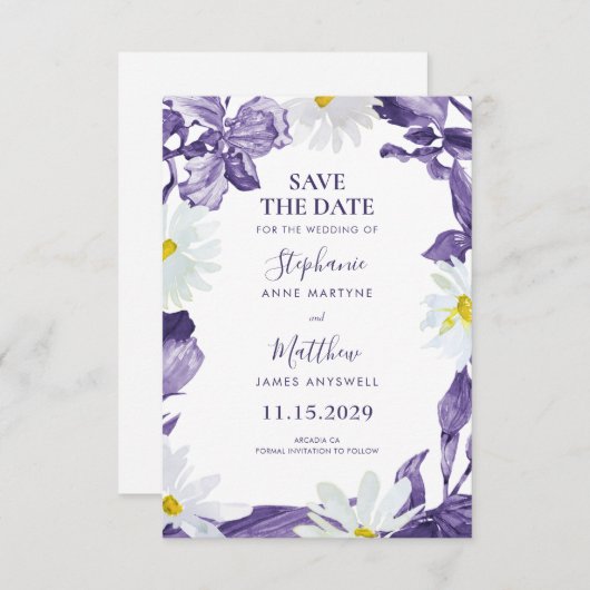 Dusty Lila Iris White Daisy Botanische Hochzeit Save The Date (Vorne/Hinten)