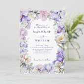 Dusty Lila Iris & White Peony Botanical Wedding Einladung (Stehend Vorderseite)