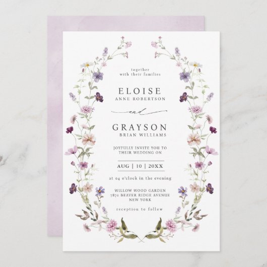Dusty Lila Lavender Wildblume Hochzeit Einladung (Vorne/Hinten)
