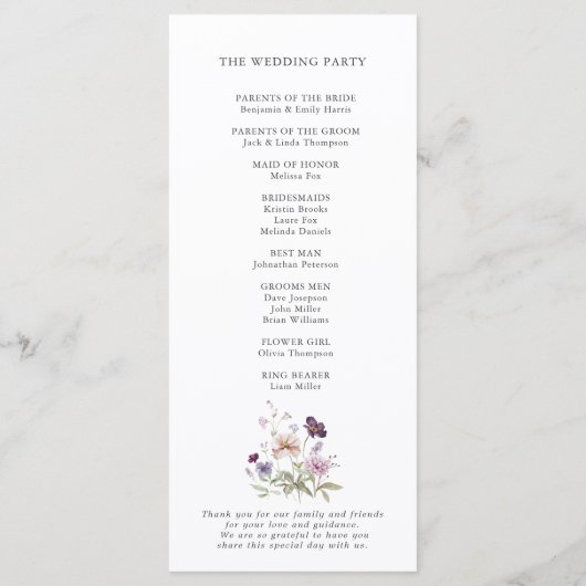 Dusty Lila Lavender Wildblume Hochzeit Programm (Rückseite)