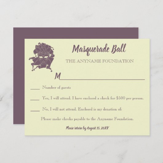 Dusty Lila Masquerade Ball Fundraiser Gala UAWG Einladung (Vorne/Hinten)