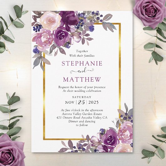 Dusty Lila Mauve Botanical Gold Border Wedding Einladung