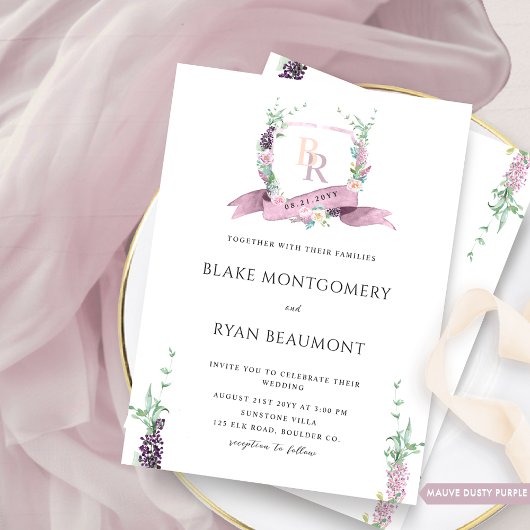 Dusty Lila, Mauve Pastel Floral Monogram Wedding Einladung
