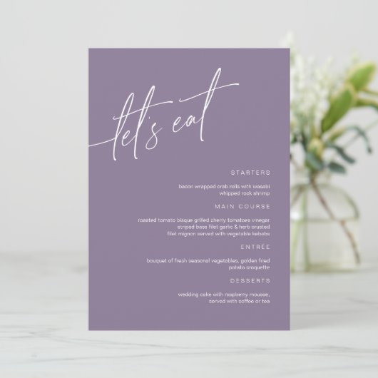 Dusty Lila Minimalistische Wedding Menu Card Menükarte (Stehend Vorderseite)