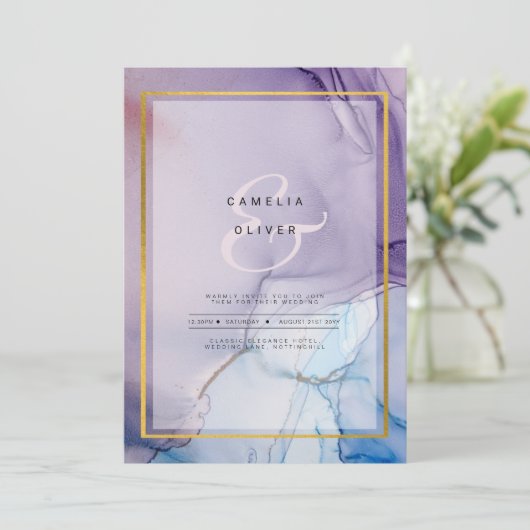 Dusty Lila Navy Blue Gold INK Wedding INVITE Einladung (Stehend Vorderseite)