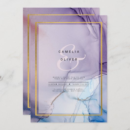 Dusty Lila Navy Blue Gold INK Wedding INVITE Einladung (Vorne/Hinten)