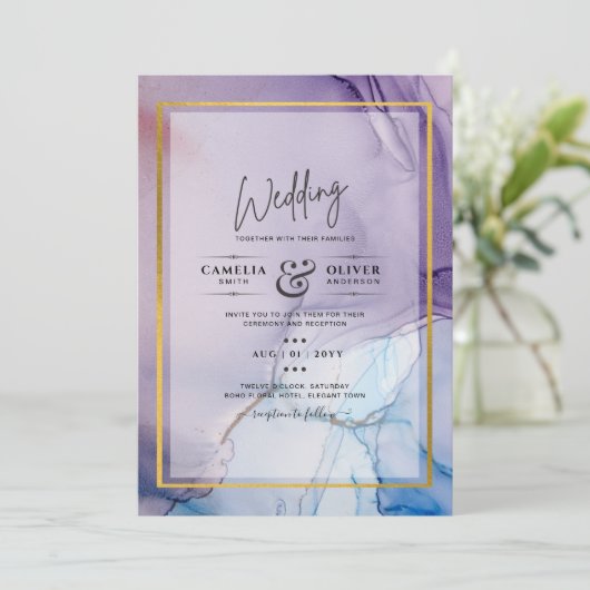 Dusty Lila Navy Blue Gold INK Wedding INVITE Einladung (Stehend Vorderseite)