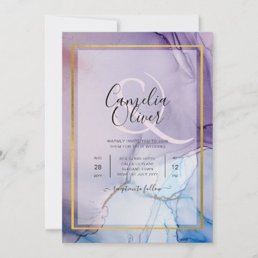 Dusty Lila Navy Blue Gold INK Wedding INVITE Einladung (Vorderseite)