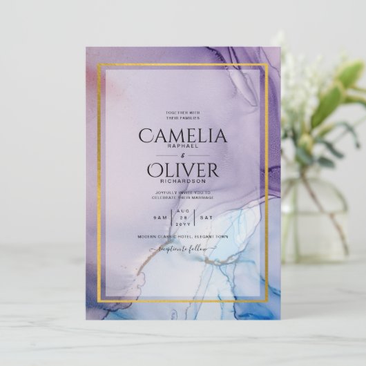 Dusty Lila Navy Blue Gold INK Wedding INVITE Einladung (Stehend Vorderseite)