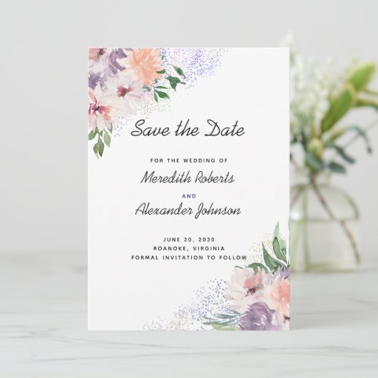 Dusty Lila Peach Boho Floral Glitzer QR Code Save The Date (Stehend Vorderseite)