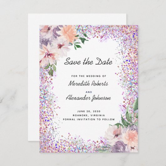 Dusty Lila Peach Floral QR Code Save the Date Ankündigung (Vorne/Hinten)