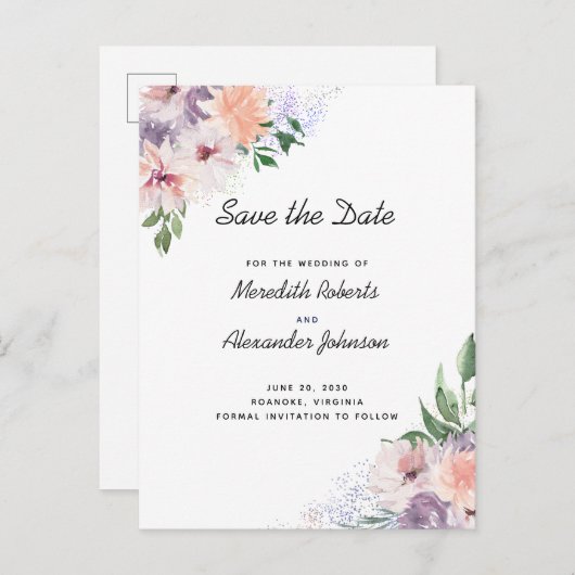 Dusty Lila Peach Floral QR Code Save the Date Ankündigungspostkarte (Vorne/Hinten)