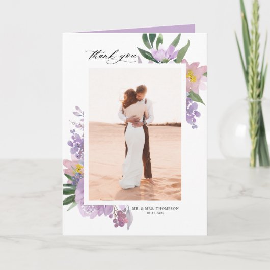Dusty Lila Peonies and Rose Foto Hochzeit Dankeskarte (Vorderseite)
