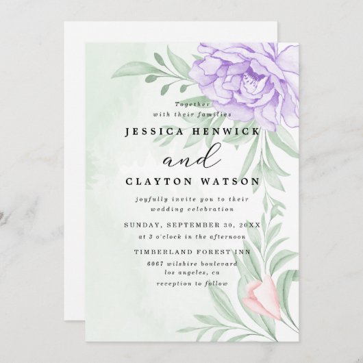 Dusty Lila Peony Rose Grüne Blätter Hochzeit Einladung (Vorne/Hinten)