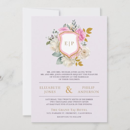 Dusty Lila Pink Floral QR Code Wappen Hochzeit Einladung (Vorderseite)