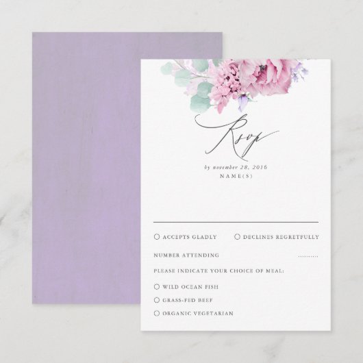 Dusty Lila Pink Floral Wedding RSVP Karte (Vorne/Hinten)