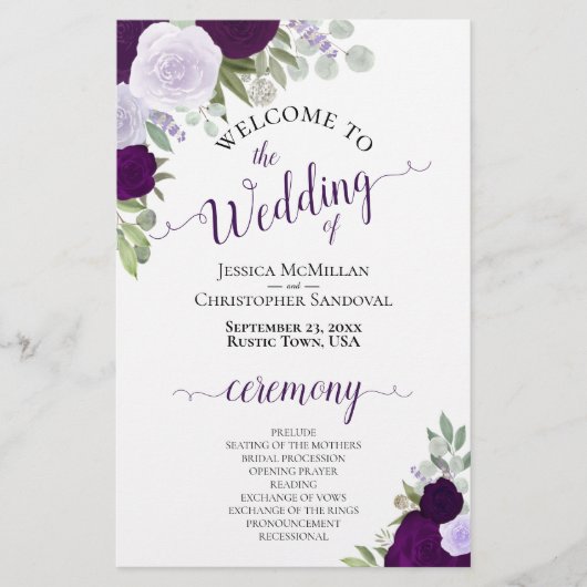 Dusty Lila & Plum Floral Budget Hochzeitsprogramm (Vorderseite)