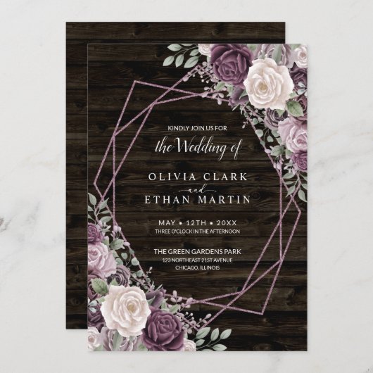 Dusty Lila Rose Bloral Geometric on Dark Wood Einladung (Vorne/Hinten)