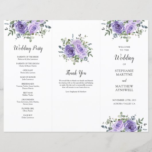 Dusty Lila Rose Eukalyptus Order of Service (Vorderseite)