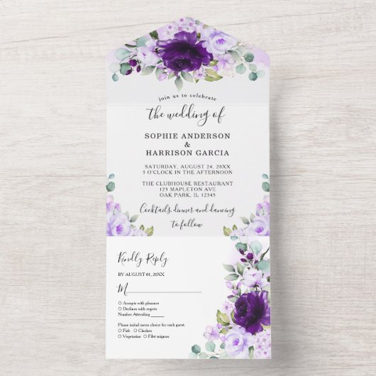Dusty Lila Rose Lilac Blume Rustikale Hochzeit All In One Einladung (Innen Boden)