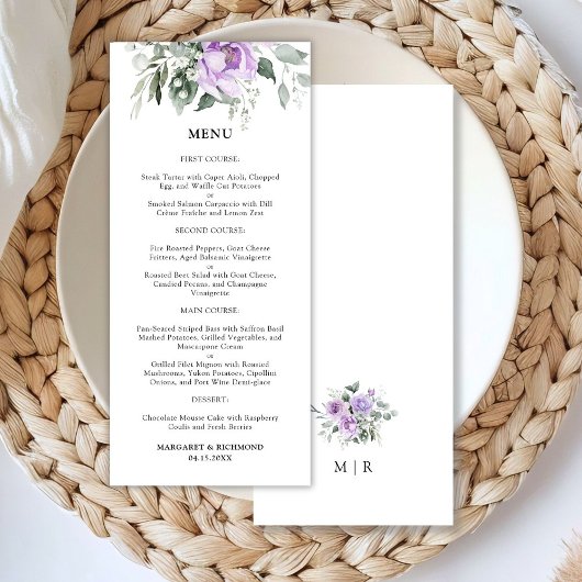 Dusty Lila Rustic Floral Wedding Menu Menükarte