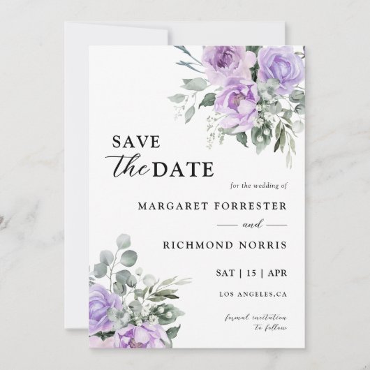 Dusty Lila Rustikale Blumenhochzeit rettet das Dat Einladung (Vorderseite)
