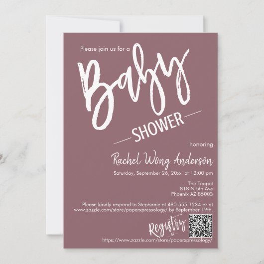 Dusty Lila Script Baby Shower QR Code Foto Einladung (Vorderseite)