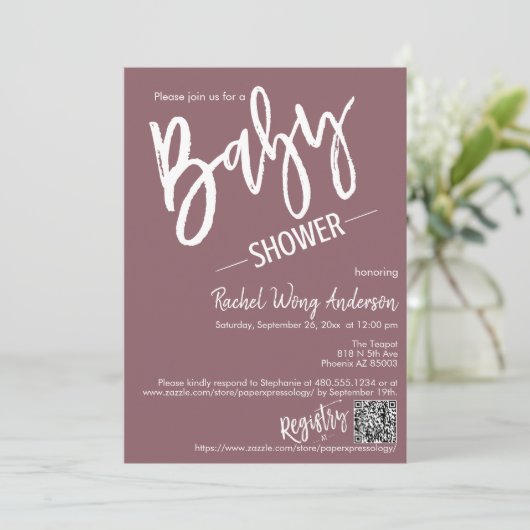 Dusty Lila Script Baby Shower QR Code Foto Einladung (Stehend Vorderseite)