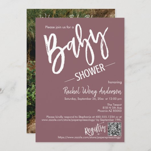 Dusty Lila Script Baby Shower QR Code Foto Einladung (Vorne/Hinten)