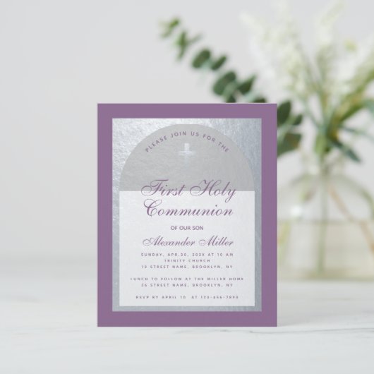 Dusty Lila Silver Boy Einladung zur ersten Kommune (Stehend Vorderseite)