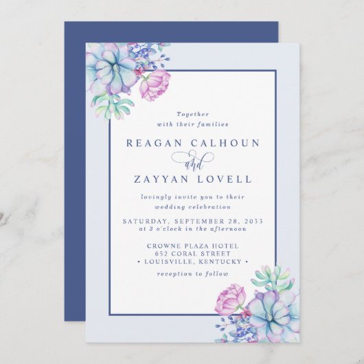 Dusty Lila Succulent Botanical Wedding Einladung (Vorne/Hinten)