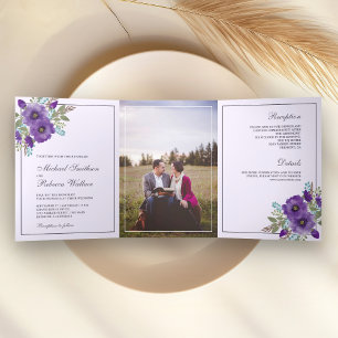 Dusty Lila Watercolor Foto Hochzeit Dreifach Gefaltete Einladung