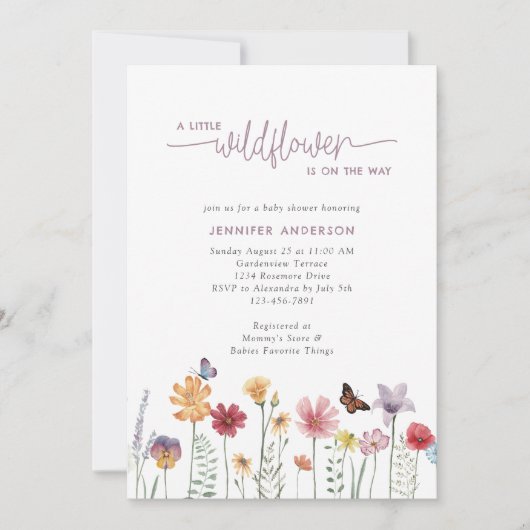 Dusty Lila Watercolor Wildblume Babydusche Einladung (Vorderseite)