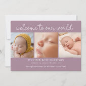 Dusty Lila Welcome Foto Collage Birth Ankündigung (Vorderseite)
